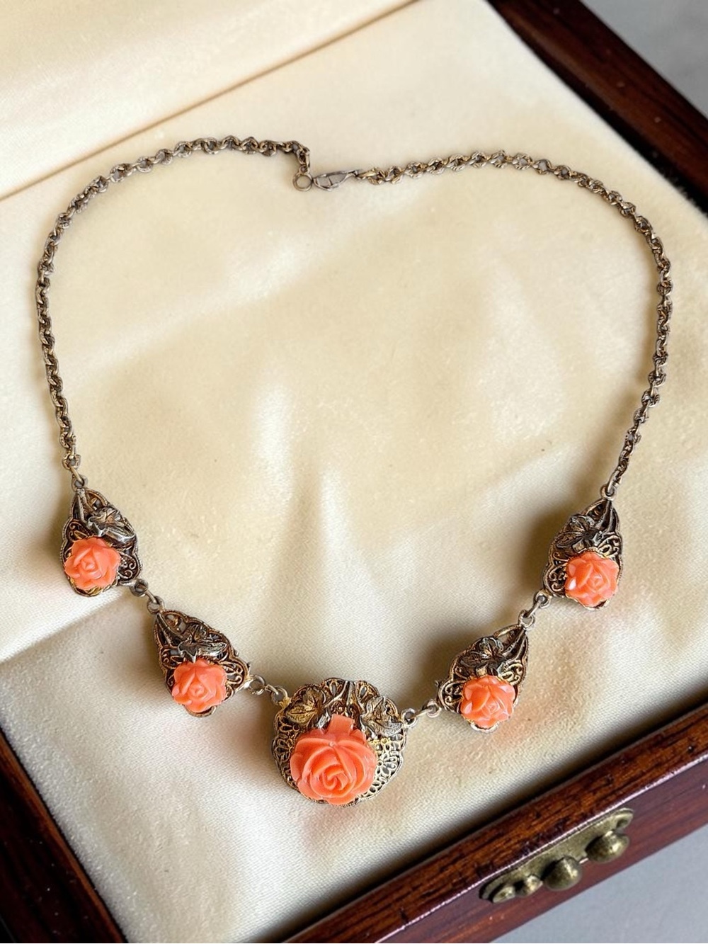Antique Coral Rose Filigree Necklace - Coral and Silver